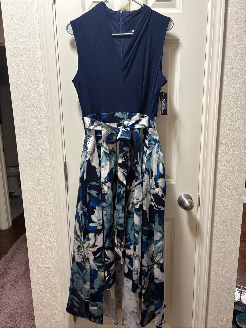SLNY Navy Maxi Dress with White and Teal Floral Skirt